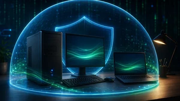 Low-end PC protected by a glowing cybersecurity shield with lightweight antivirus visuals.