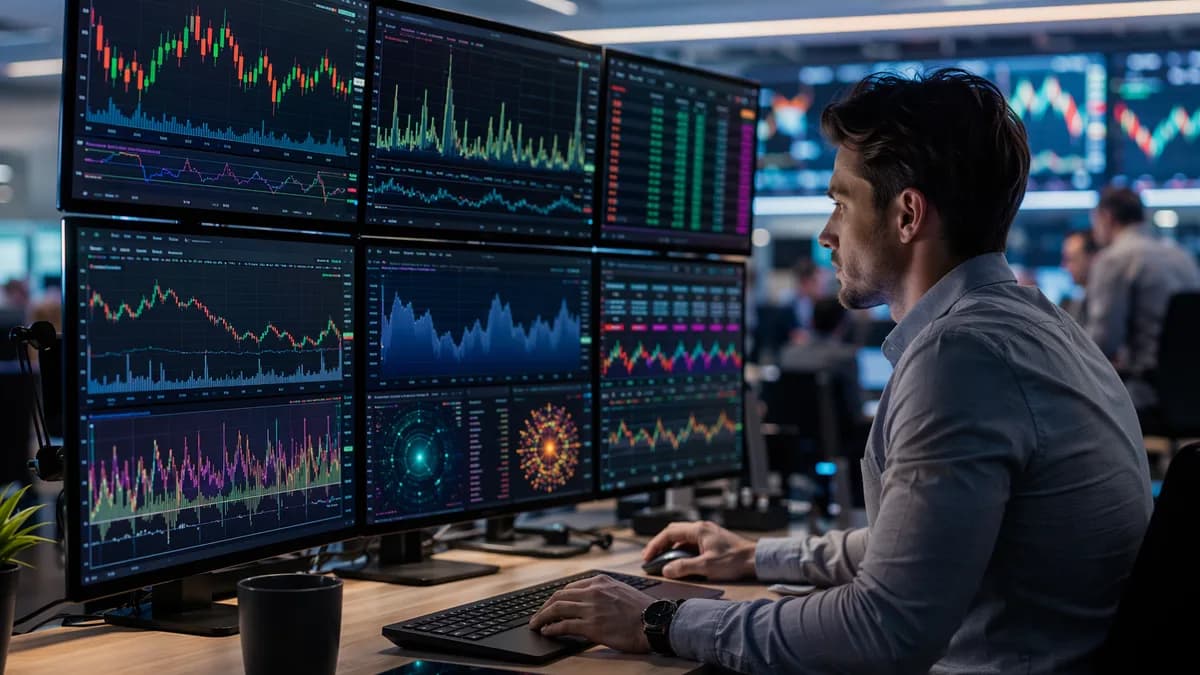Trader workstation with abstract penny stock charts, alerts, screeners, and market data visualizations.