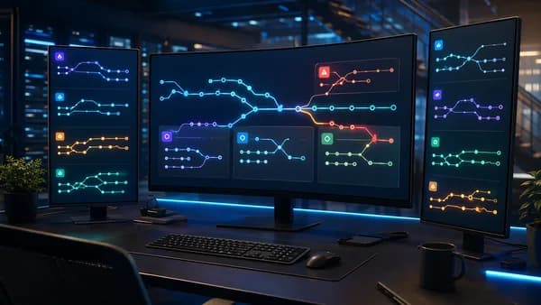 Futuristic developer workspace with glowing branch graphs and conflict resolution visuals on screens.