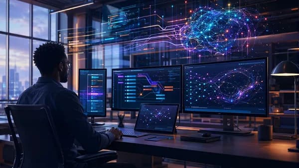 Futuristic developer workspace with abstract debugging screens and AI circuits for Rust IDE productivity.