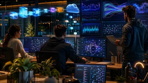 Lean startup MLOps workspace with abstract deployment, tracking, and monitoring visuals