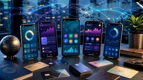 Generic neobank apps, cards, and global payment visuals representing multi-currency banking competition.