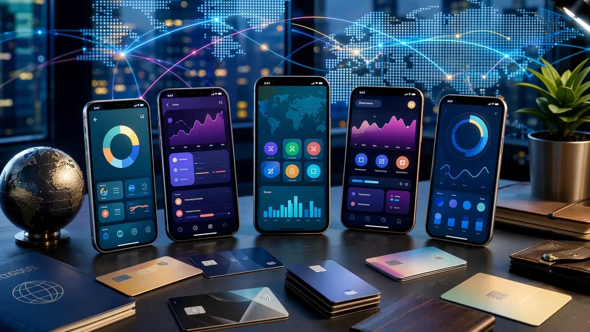 Generic neobank apps, cards, and global payment visuals representing multi-currency banking competition.