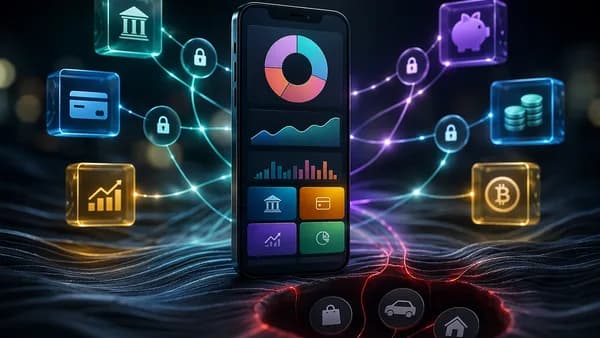 Smartphone finance dashboard connected to banks, investments, debt and crypto with shadowed blind spots.
