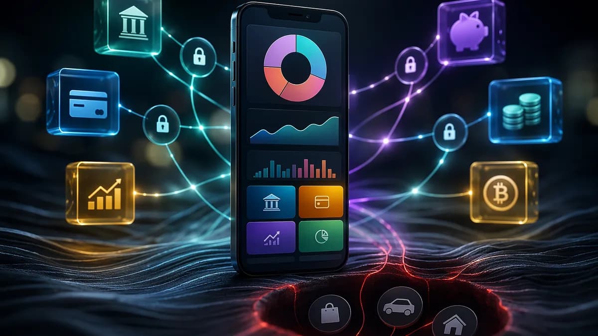 Smartphone finance dashboard connected to banks, investments, debt and crypto with shadowed blind spots.