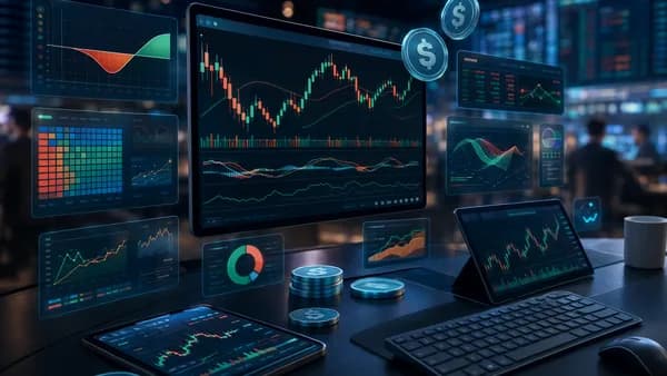 Simulated options trading desk with charts, virtual tokens, and market data screens