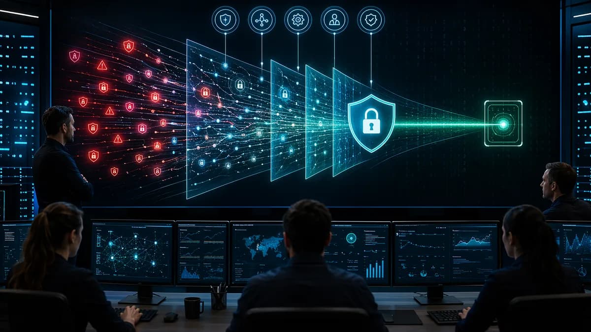 Lean security team using streamlined SIEM visuals to filter threats and protect data