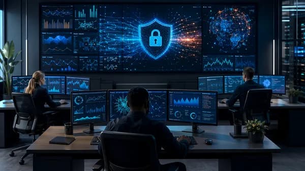 Small SOC team monitoring abstract SIEM dashboards with glowing shields and dark cybersecurity visuals