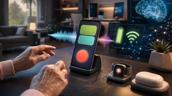 Senior-friendly smartphone in a futuristic tech workspace with large readable controls and safety features.