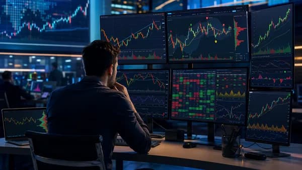 Trader analyzing swing trading chart software dashboards with abstract market visuals.