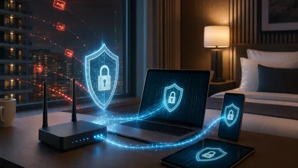 Travel router securing hotel Wi-Fi devices with VPN shields and encrypted data streams
