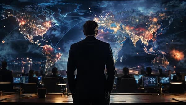 Generic official facing a global intelligence map in a tense briefing room
