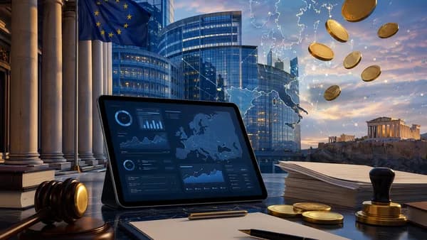 Generic crypto compliance dashboard before European regulatory building with Greece-linked network lines