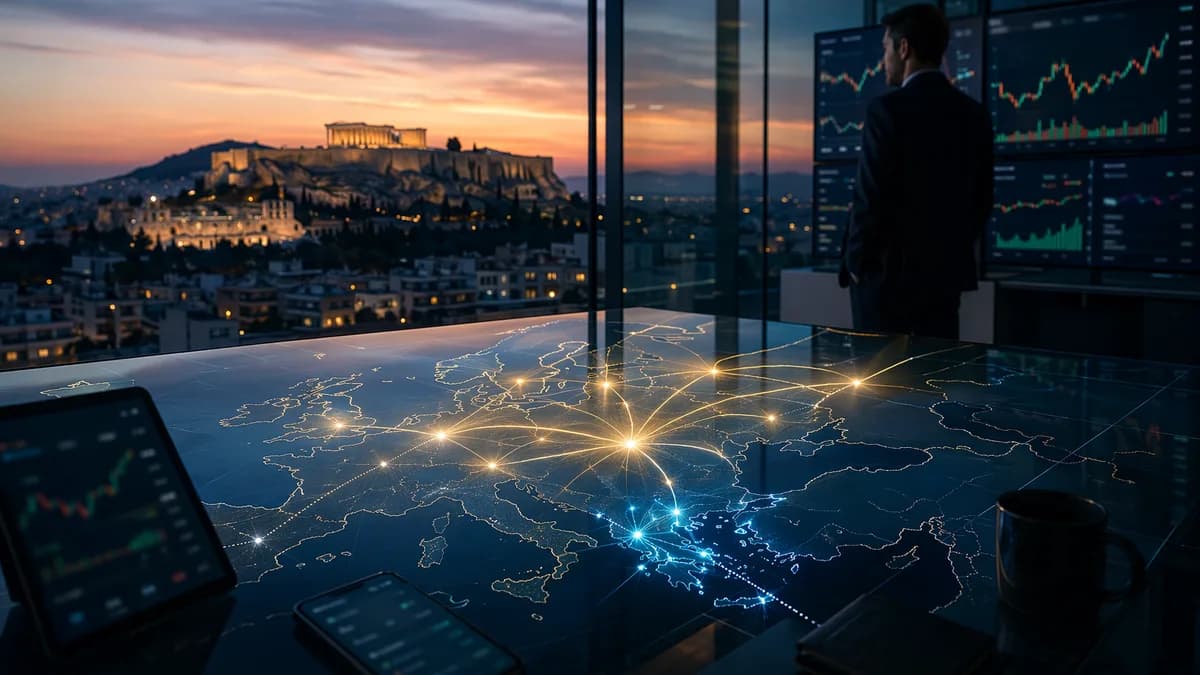 Crypto regulation scene in Athens with glowing European network paths and trading devices.
