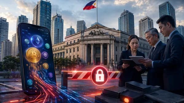 Manila finance scene with crypto app blocked by regulatory padlock and digital transaction rails