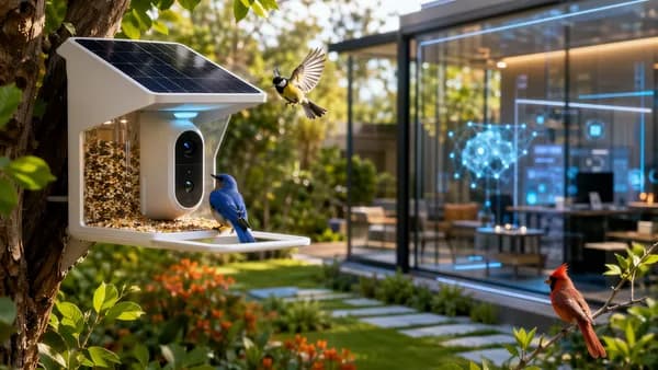 Solar smart bird feeder with camera in a modern backyard, surrounded by birds and subtle tech visuals.