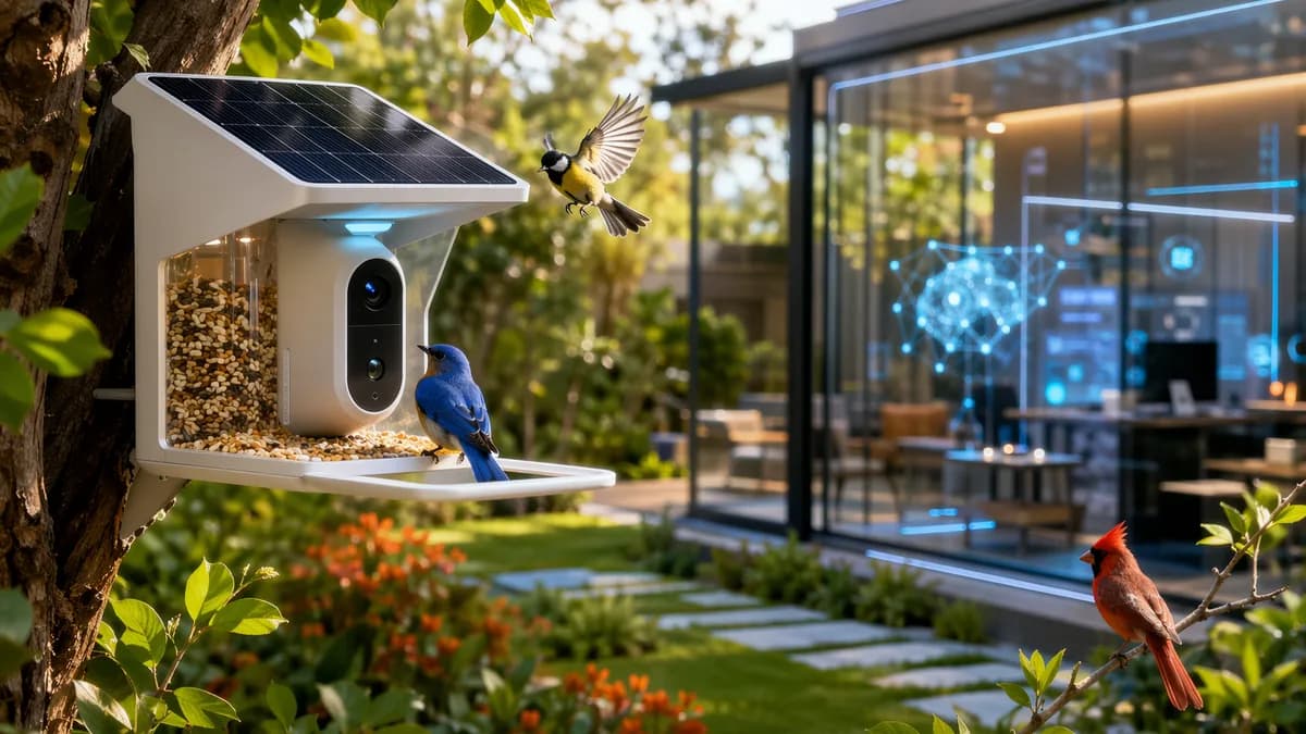Solar smart bird feeder with camera in a modern backyard, surrounded by birds and subtle tech visuals.