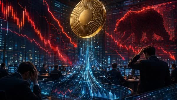 Golden crypto coin over a plunging market chart as institutional flows try to slow a bearish selloff.