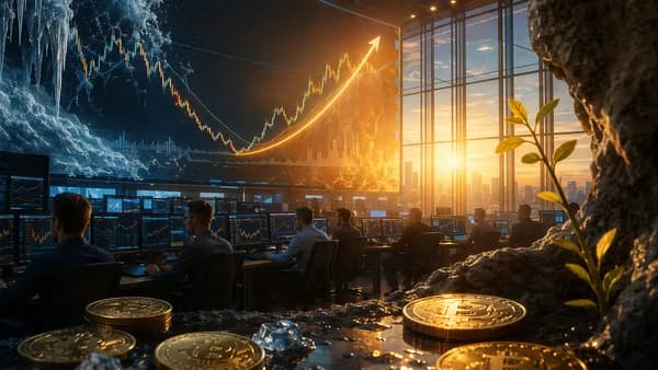 Bitcoin trading floor scene with rising chart and thawing winter motif symbolizing a market bottom.
