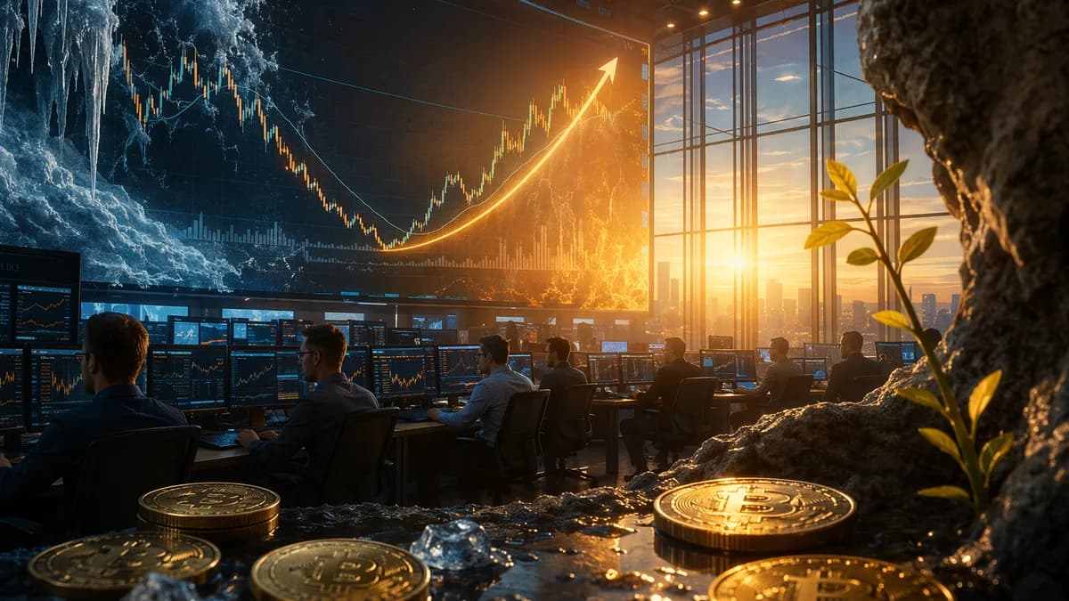 Bitcoin trading floor scene with rising chart and thawing winter motif symbolizing a market bottom.