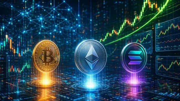 Crypto assets recover beside AI stock rebound visuals on a futuristic trading floor
