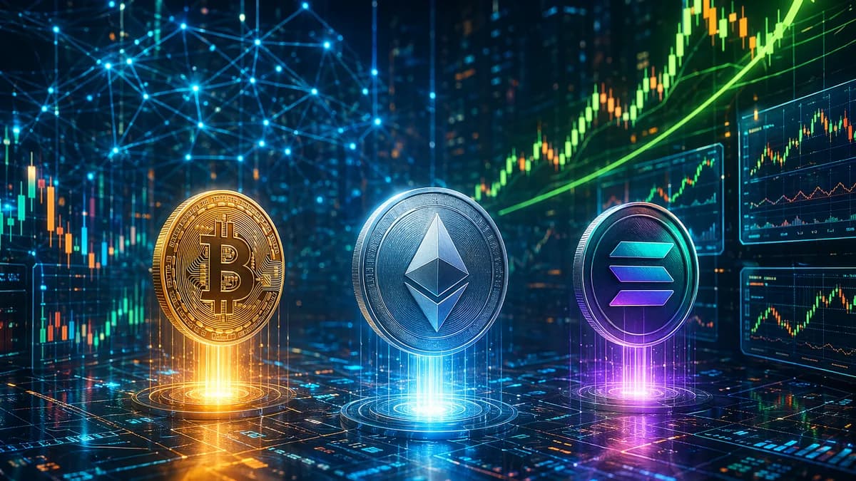 Crypto assets recover beside AI stock rebound visuals on a futuristic trading floor