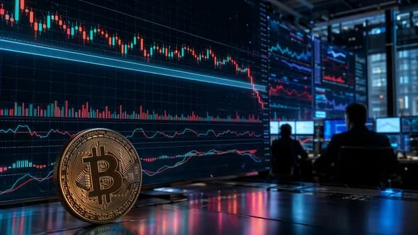Bitcoin coin on a tense trading desk as charts move sideways before a possible drop.
