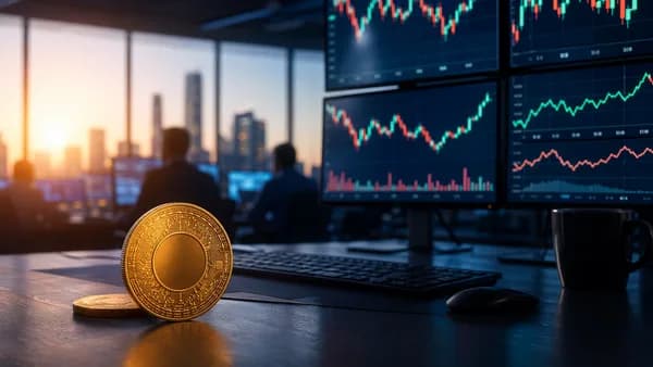 Cautious crypto trading desk with abstract charts and a generic coin reflecting bitcoin’s stalled rebound.