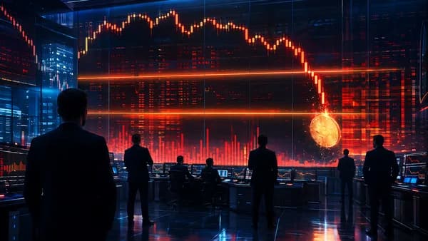 Crypto trading floor with falling market charts and a glowing coin amid a risk asset selloff