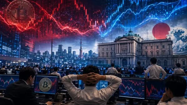 Bitcoin and yen volatility visualized on a tense trading floor before a BOJ rate decision