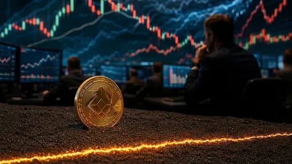 Generic crypto coin by a glowing line in sand amid trading screens and market charts.