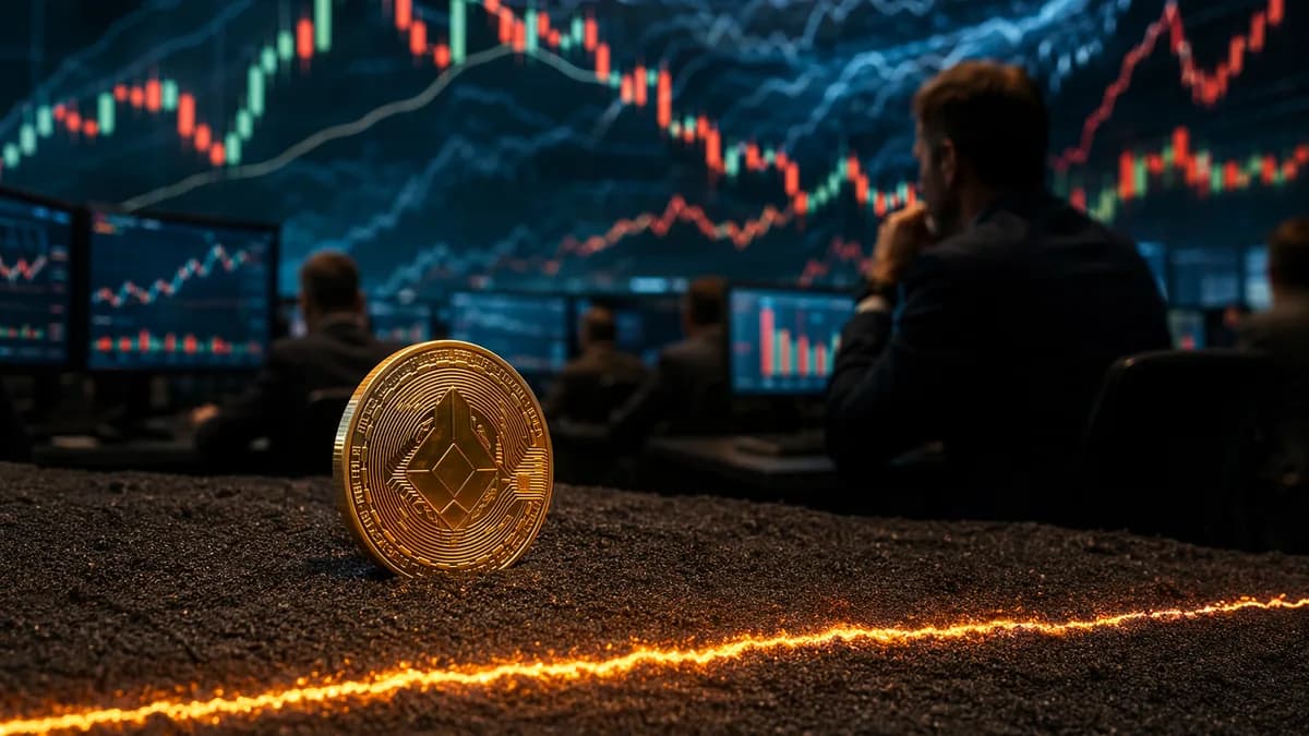 Generic crypto coin by a glowing line in sand amid trading screens and market charts.
