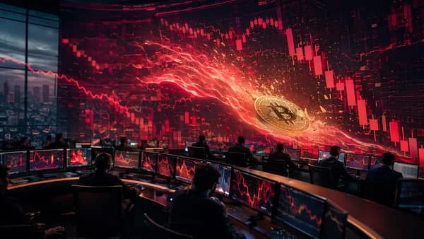 Bitcoin falling amid hot inflation pressure and bearish trading screens on a modern trading floor