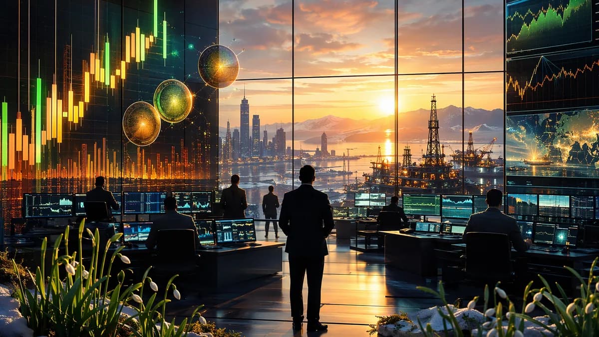 Bullish crypto trading floor with rising charts and spring sunrise after bitcoin selloff