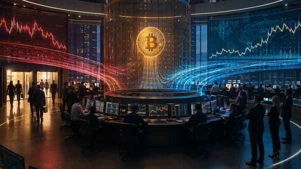 Institutional crypto trading floor showing ETF outflows beside steady investor positions.