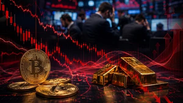 Bitcoin and gold falling together amid rate-hike pressure on a tense trading floor