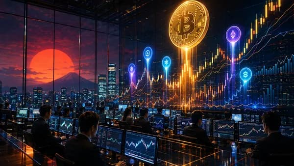 Bitcoin and altcoins rally on a futuristic crypto trading floor with market charts and Japan-inspired glow