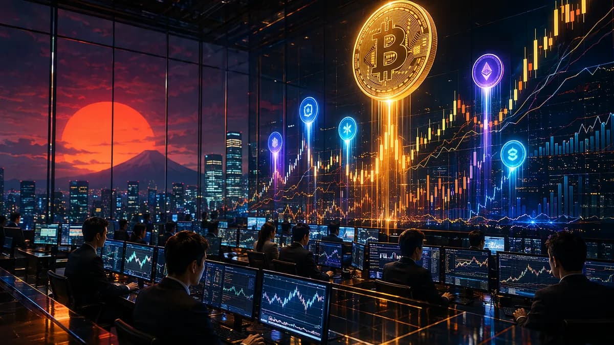 Bitcoin and altcoins rally on a futuristic crypto trading floor with market charts and Japan-inspired glow