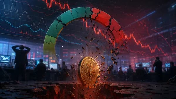Bitcoin falls below a fractured rainbow market chart amid bearish crypto trading visuals.