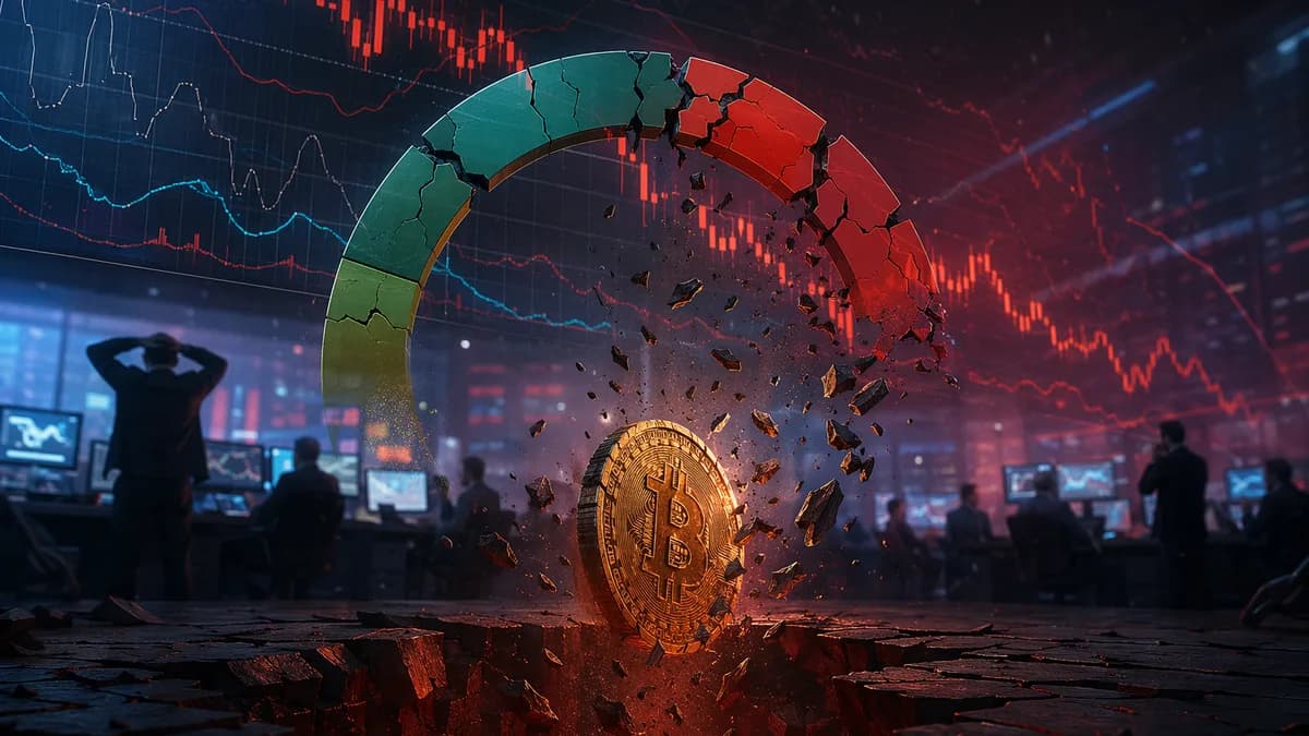 Bitcoin falls below a fractured rainbow market chart amid bearish crypto trading visuals.