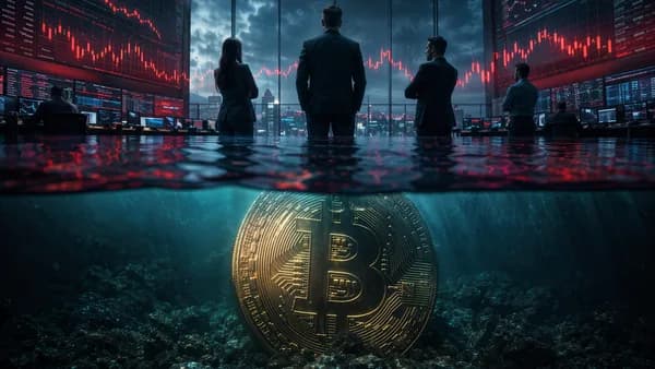 Bitcoin coin half-submerged amid red market charts, symbolizing underwater supply and holder conviction.
