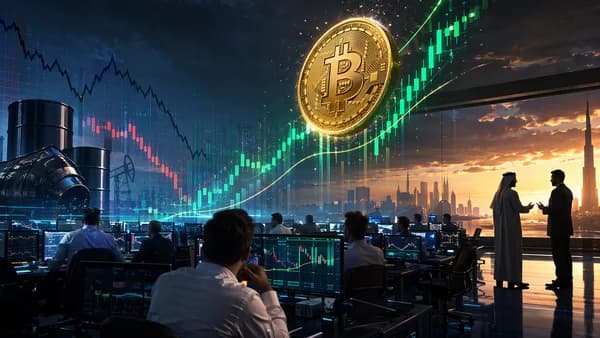 Bitcoin rally visualized on a crypto trading floor as oil prices slide in the background