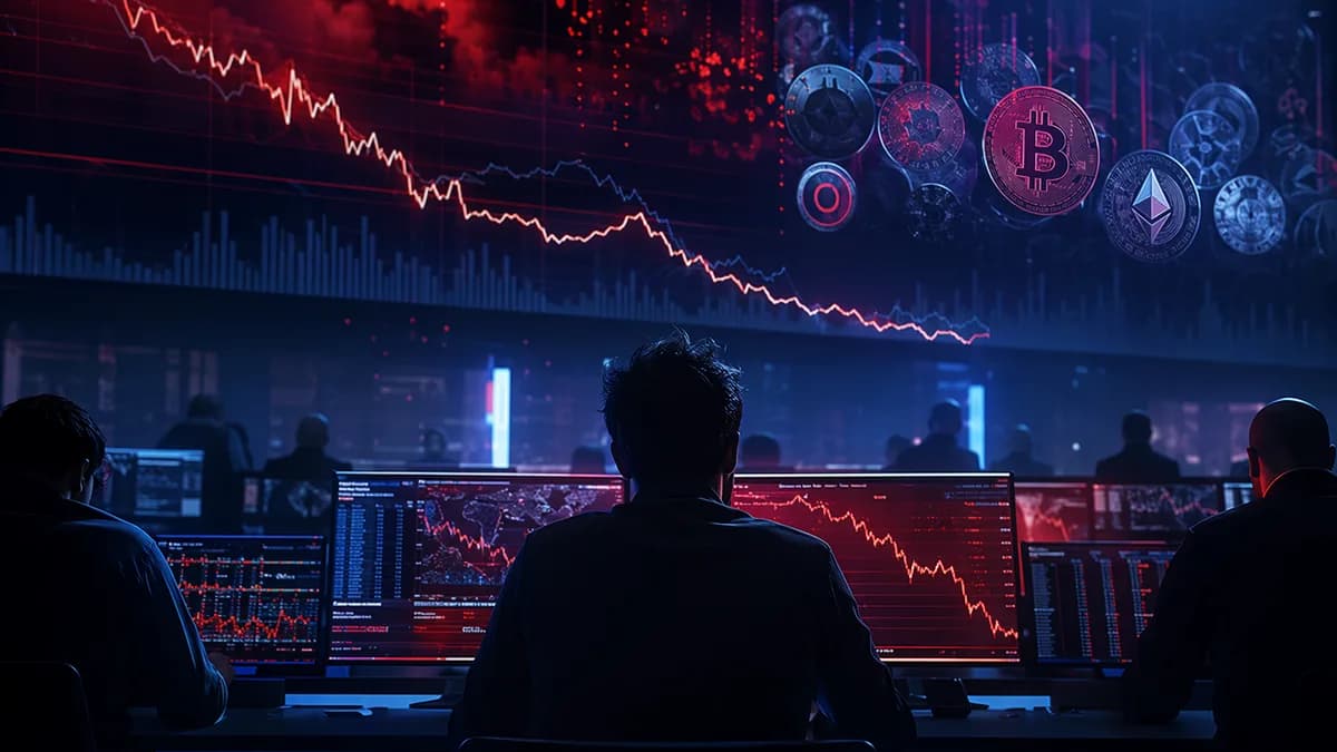 Crypto trading floor with red market charts showing bitcoin bounce doubts and altcoin losses