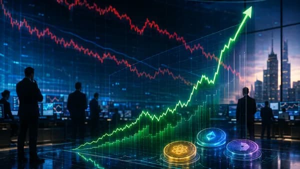 Digital finance scene showing a sharp stock rebound against a longer-term decline, symbolizing a buyback rally.