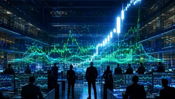 Futuristic crypto trading floor with green rising charts showing a broad market rally led by one standout surge.