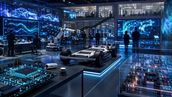 Futuristic physical AI lab with robotics, vehicle systems, circuits, and neural network visuals.