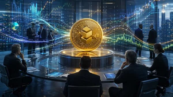 Institutional crypto ETF concept with digital asset coin, option-flow curves, and modern trading floor
