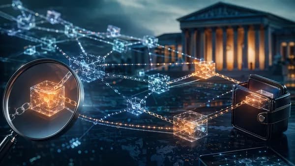Blockchain transaction tracing network with wallet clusters and subtle courthouse backdrop