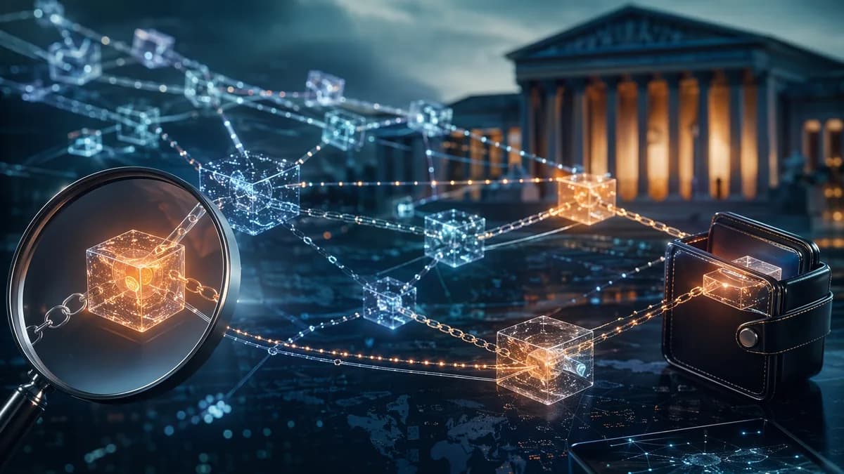Blockchain transaction tracing network with wallet clusters and subtle courthouse backdrop