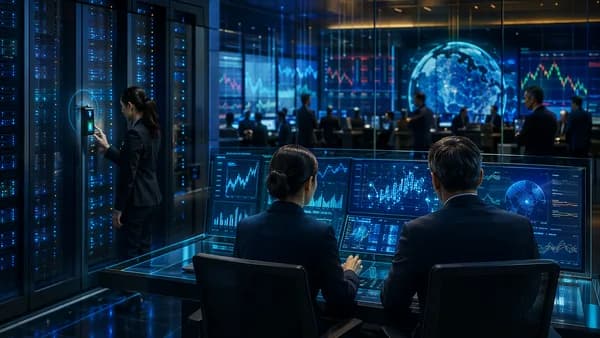 Secure economic data control room with market dashboards and traders reacting to data-release safeguards.